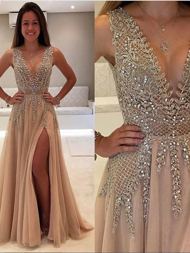 Beautiful Prom Dresses V-neck Slit Sexy Rhinestone Prom Dress/Evening Dress JKL175