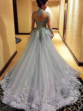 High Neck Prom Dresses A-line Appliques Sweep/Brush Train Long Prom Dress/Evening Dress JKL189