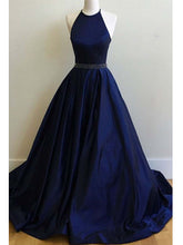 Satin Prom Dresses Halter Dark Navy Ball Gown Long Prom Dress/Evening Dress JKL191