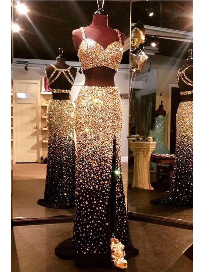 black and gold two piece prom dress Long Sleeve Sequin Two Piece Maxi Dress Black Gold