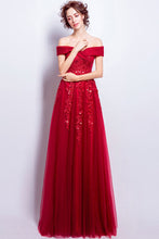 Burgundy Prom Dresses Off-the-shoulder Floor-length Tulle Prom Dress/Evening Dress JKL196