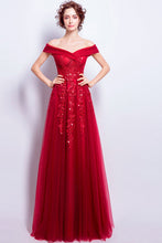 Burgundy Prom Dresses Off-the-shoulder Floor-length Tulle Prom Dress/Evening Dress JKL196