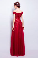 Burgundy Prom Dresses Off-the-shoulder Floor-length Tulle Prom Dress/Evening Dress JKL196