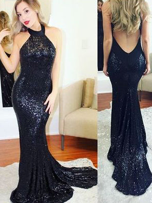 Black Prom Dresses Halter Trumpet/Mermaid Short Train Sexy Long Prom Dress/Evening Dress JKL205