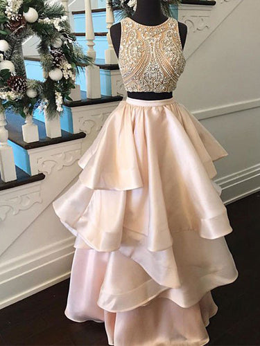 Two Piece Chic Prom Dresses A-line Scoop Floor-length Rhinestone Sexy Prom Dress/Evening Dress JKL211