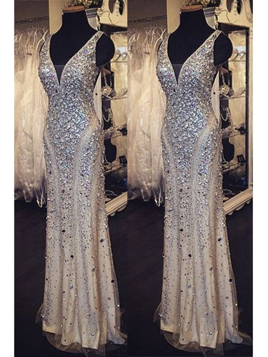 Sexy Prom Dresses V-neck Floor-length Sliver Rhinestone Prom Dress/Evening Dress JKL212