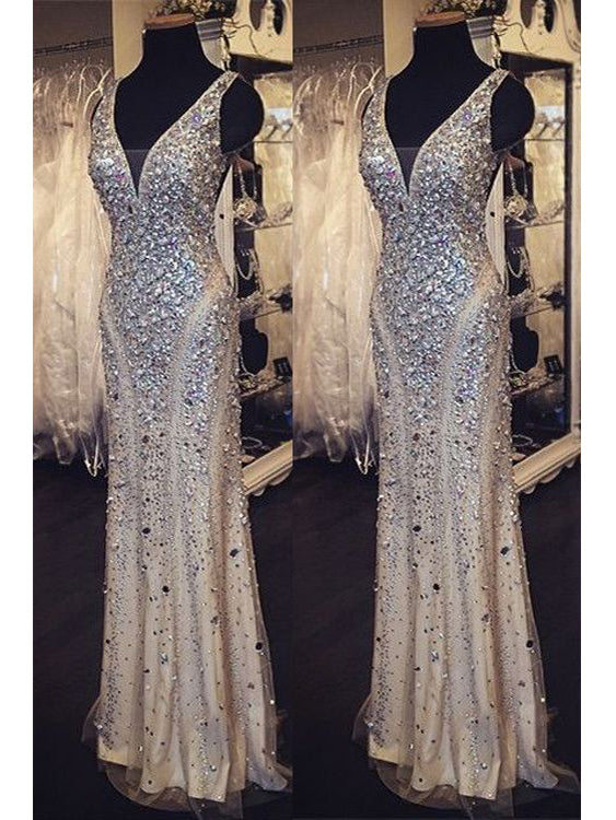 Sexy Prom Dresses V-neck Floor-length Sliver Rhinestone Prom Dress/Evening Dress JKL212