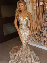 Gold Prom Dresses V-neck Sweep/Brush Train Sexy Prom Dress/Evening Dress JKL213