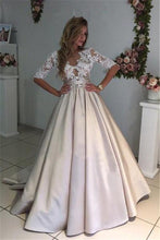 Ball Gown Sexy Prom Dresses Scoop Half Sleeve Short Train Satin Prom Dress/Evening Dress JKL215