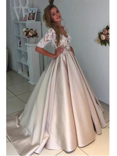 Ball Gown Sexy Prom Dresses Scoop Half Sleeve Short Train Satin Prom Dress/Evening Dress JKL215