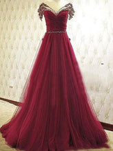 Burgundy Prom Dresses A-line Scoop Floor-length Tulle Sequins Sexy Prom Dress/Evening Dress JKL217