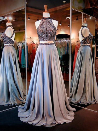 Two Piece Prom Dresses Sexy High Neck Long Rhinestone Prom Dress/Evening Dress JKL226