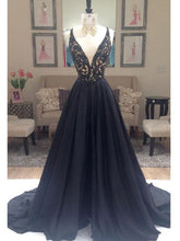 Black Prom Dresses V-neck Sweep/Brush Train Taffeta Long Prom Dress/Evening Dress JKL231