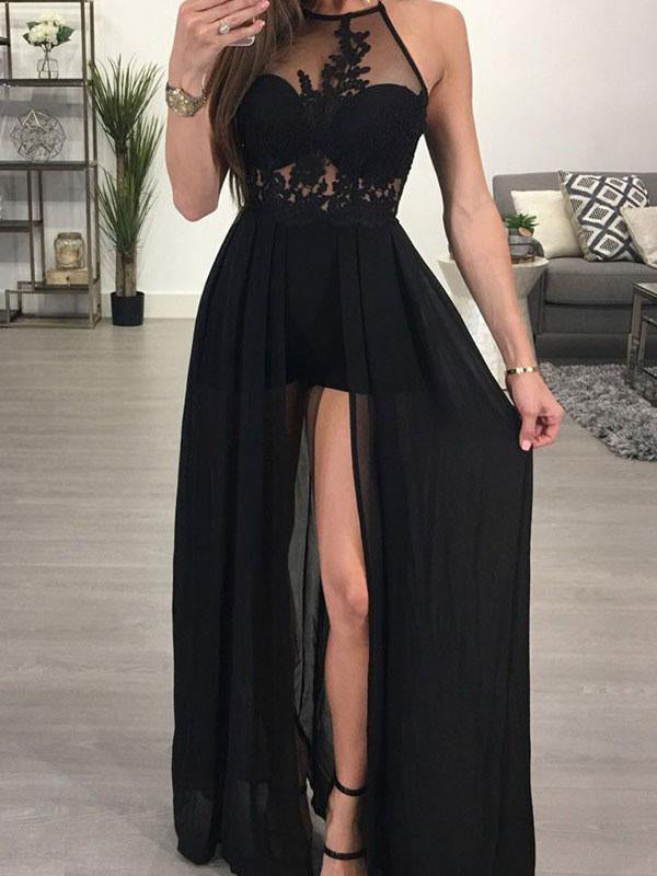 Long Black Prom Dresses A-line Halter Floor-length Chic Prom Dress/Evening Dress JKL236