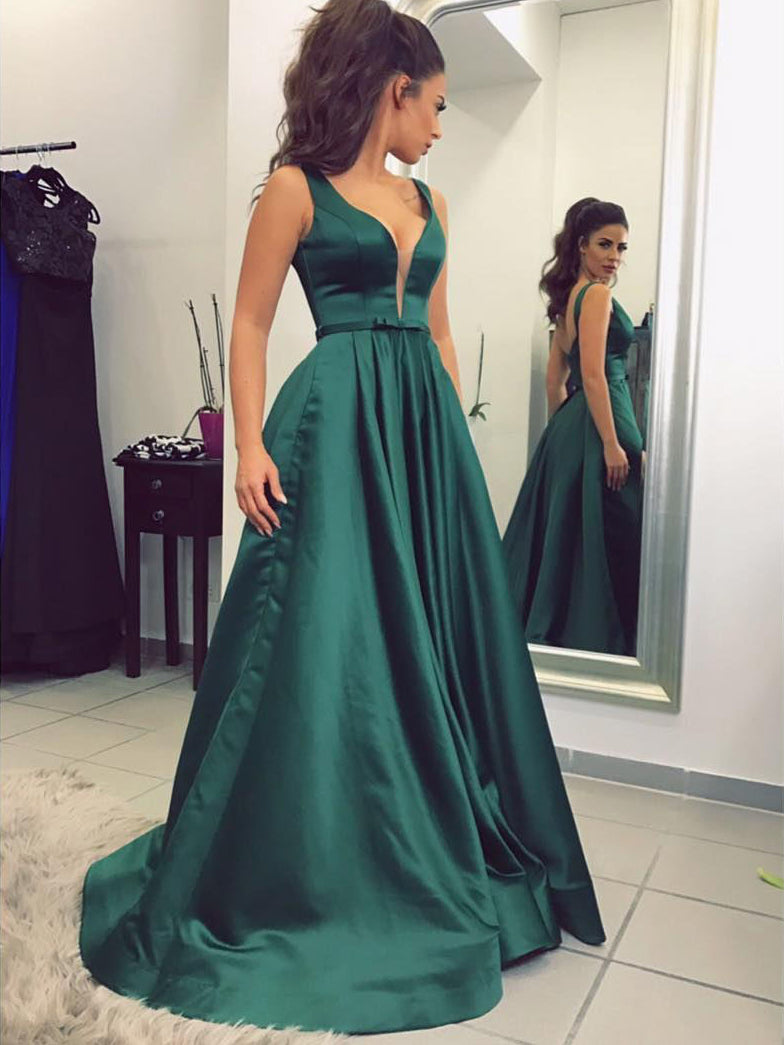 green emerald velvet dress Dark Green Long A-Line V-Neck Lace Front Slit Prom Dress with Sleeves