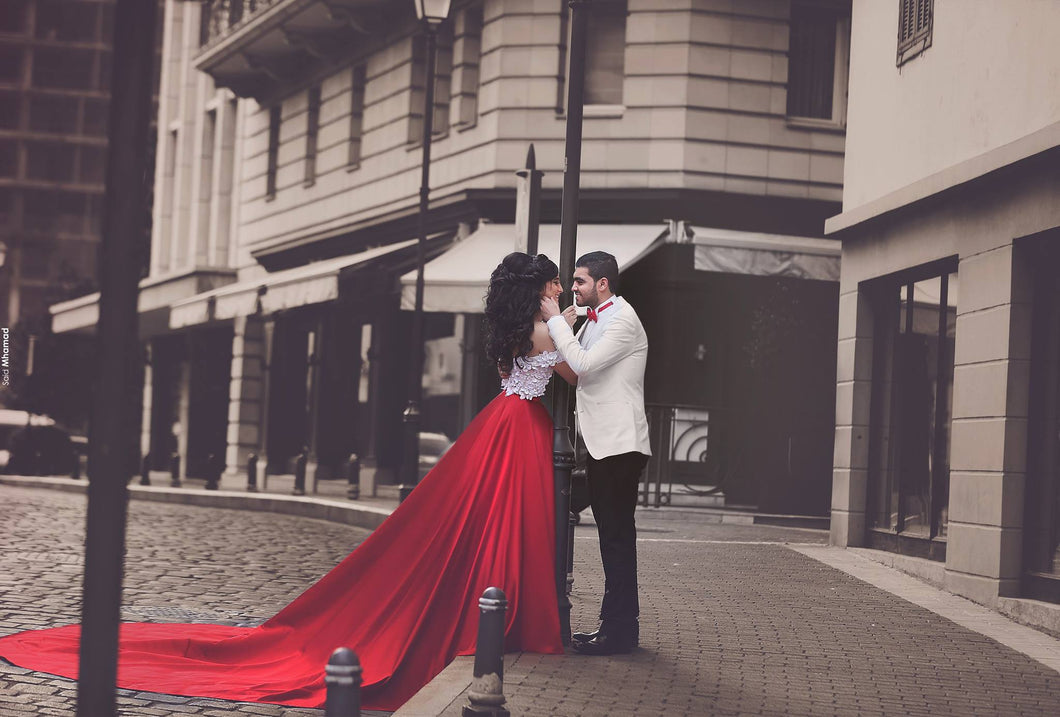 red and white two piece prom dress Bead Dotted Red Lace Two-piece Long Sleeve Prom Dress