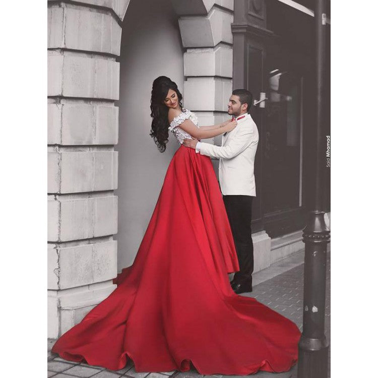 Two Piece Prom Dresses Sexy Red White Off-the-shoulder Long Prom Dress Anna PromDress Two Piece Prom Dresses Sexy Red White Off-the-shoulder Long Prom Dress Anna PromDress
