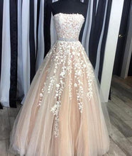 Chic Prom Dresses A-line Strapless Appliques Long Sexy Prom Dress/Evening Dress JKL246