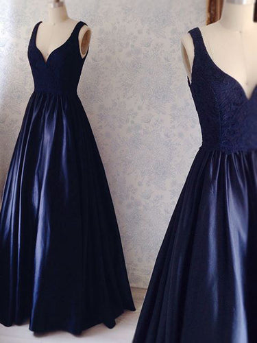 Dark Navy Prom Dresses V-neck Floor-length Sexy Lace Prom Dress/Evening Dress JKL251