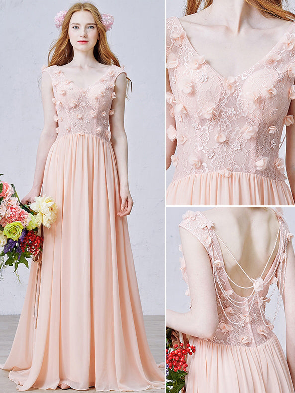 Cheap Lace Prom Dresses V-neck A-line Floor-length Beautiful Prom Dress/Evening Dress JKL256