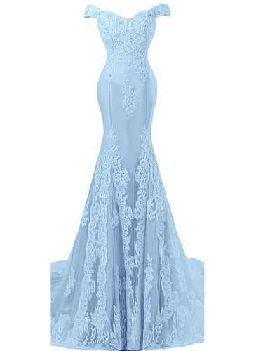 Trumpet/Mermaid Prom Dresses Off-the-shoulder Appliques Tulle Sexy Prom Dress/Evening Dress JKL265