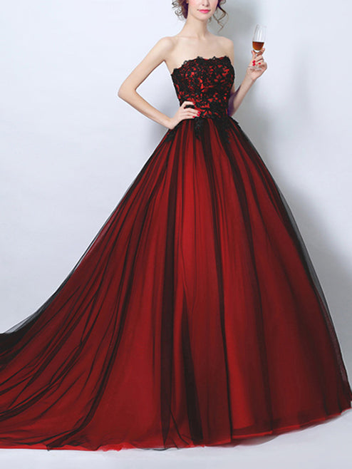 Black Prom Dress Ball Gown Appliques Sweep/Brush Train Sexy Burgundy P –  Anna PromDress