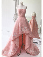 High-Low Prom Dresses Pearl Pink Strapless Asymmetrical Lace Long Prom Dress/Evening Dress JKL267