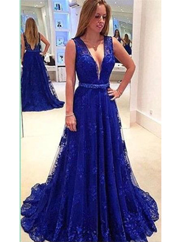 Sexy Prom Dresses V-neck Sweep/Brush Train Royal Blue Prom Dress/Evening Dress JKL278