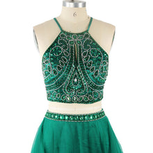 Two Piece Prom Dresses A-line Halter Floor-length Hunter Green Prom Dress/Evening Dress JKL279