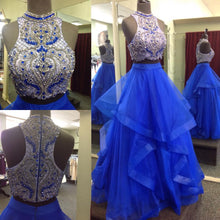 Two Piece Prom Dresses High Neck Floor-length Royal Blue Tulle Prom Dress/Evening Dress JKL288