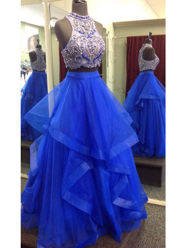 Two Piece Prom Dresses High Neck Floor-length Royal Blue Tulle Prom Dress/Evening Dress JKL288