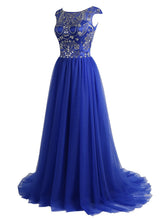 Sexy Prom Dresses Scoop Sweep/Brush Train Royal Blue Tulle Prom Dress/Evening Dress JKL289