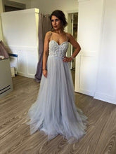 Chic Silver Prom Dresses Spaghetti Straps A-line Long Prom Dress/Evening Dress JKL296