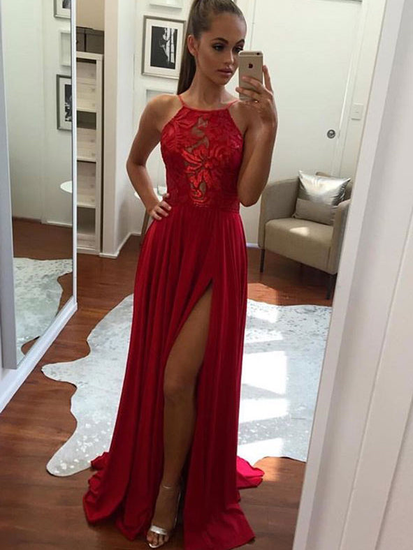 Cheap Prom Dresses Halter A-line Short Train Sexy Red Lace Prom Dress/ – Anna PromDress