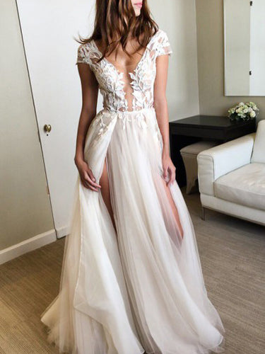 Sexy Prom Dresses Ivory Appliques Floor-length Tulle Prom Dress/Evening Dress JKL302