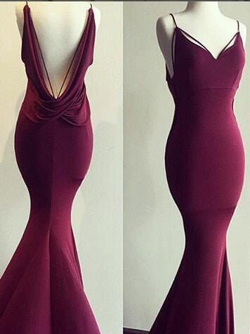 Burgundy Prom Dresses Spaghetti Straps Trumpet/Mermaid Sexy Prom Dress/Evening Dress JKL309