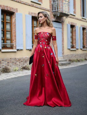 Red Long Prom Dresses Strapless Floor-length Satin Sexy Prom Dress/Evening Dress JKL320