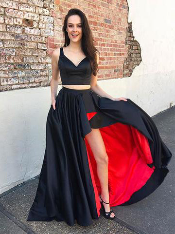 Cheap Two Piece Prom Dresses Black and Red Asymmetrical Prom Dress/Evening Dress JKL336