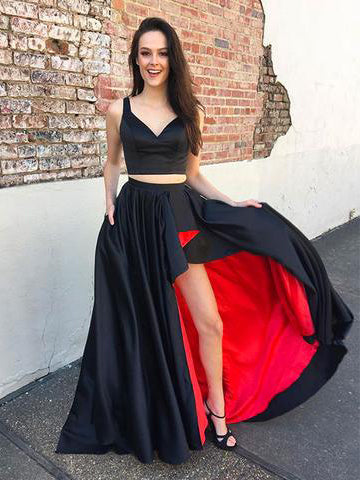 Cheap Two Piece Prom Dresses Black and Red Asymmetrical Prom Dress/Eve – Anna PromDress