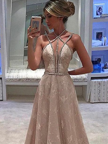 Sexy Prom Dresses Spaghetti Straps Lace A-line Halter Long Prom Dress/Evening Dress JKL341