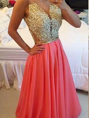 Long Prom Dresses A-line Floor-length Beading Watermelon Sexy Prom Dress/Evening Dress JKL343