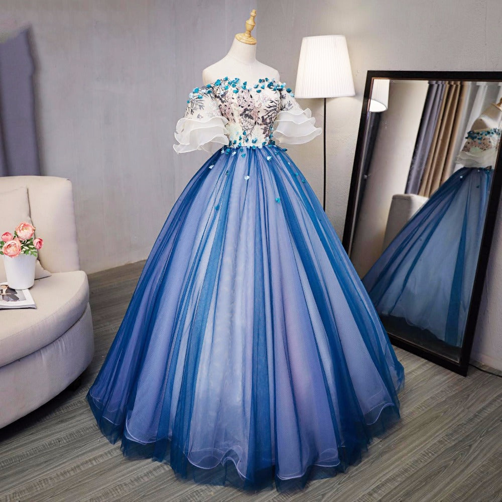 Ball Gown Prom Dresses Royal Blue and Ivory Hand-Made Flower Prom Dres Anna PromDress Ball Gown Prom Dresses Royal Blue and Ivory Hand-Made Flower Prom Dres Anna PromDress