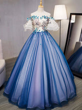 Ball Gown Prom Dresses Royal Blue and Ivory Hand-Made Flower Prom Dress/Evening Dress JKL348