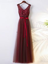 Burgundy Prom Dresses V-neck Appliques A-line Long Prom Dress/Evening Dress JKL374
