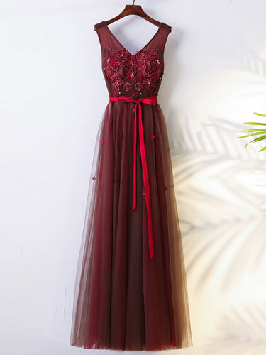 Burgundy Prom Dresses V-neck Appliques A-line Long Prom Dress/Evening Dress JKL374