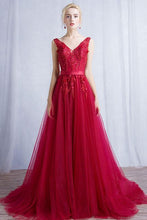 Burgundy Prom Dresses A-line Short Train V-neck Appliques Prom Dress/Evening Dress JKL377