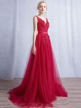 Burgundy Prom Dresses A-line Short Train V-neck Appliques Prom Dress/Evening Dress JKL377