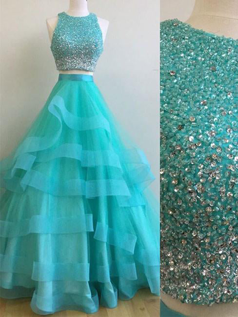Two Piece Prom Dresses Scoop Floor-length Tulle Sexy Prom Dress/Evening Dress JKL389