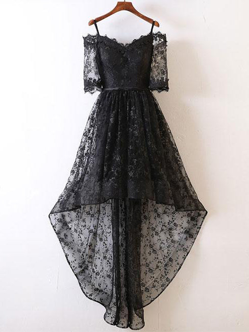 Black High Low Prom Dresses Off-the-shoulder Lace Prom Dress/Evening Dress JKL392
