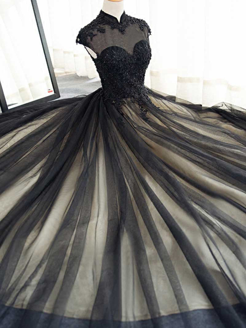 Black Prom Dresses High Neck Sweep/Brush Train Rhinestone Prom Dress/E –  Anna PromDress